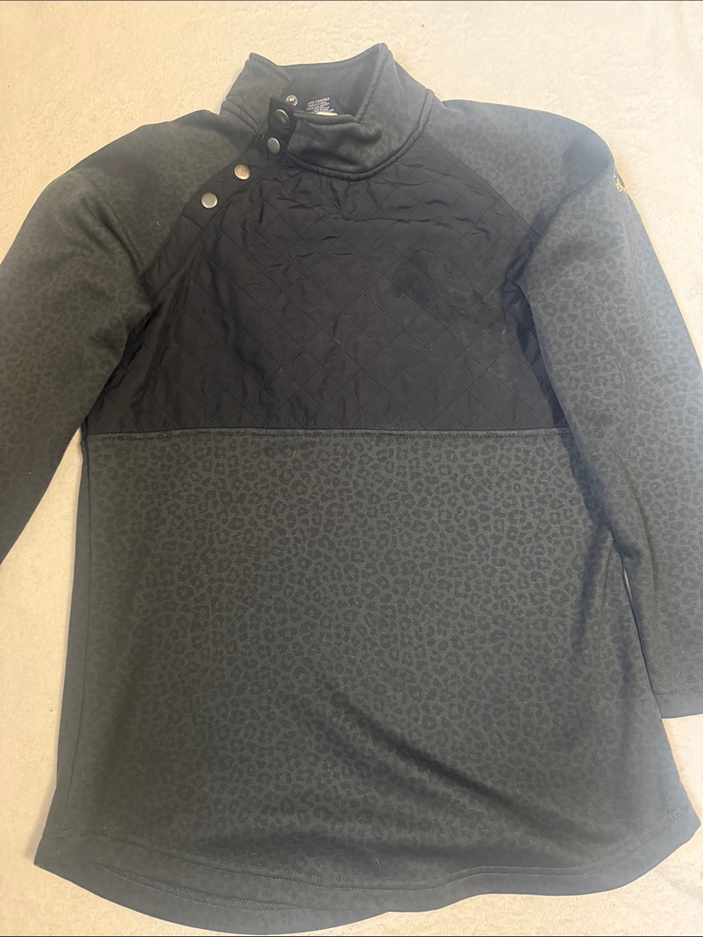 Black Quilted Yoke Pullover with Subtle Leopard Print